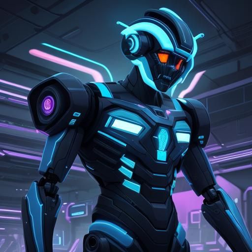 Humanoid Robot Replicating in Neon-Lit Lab