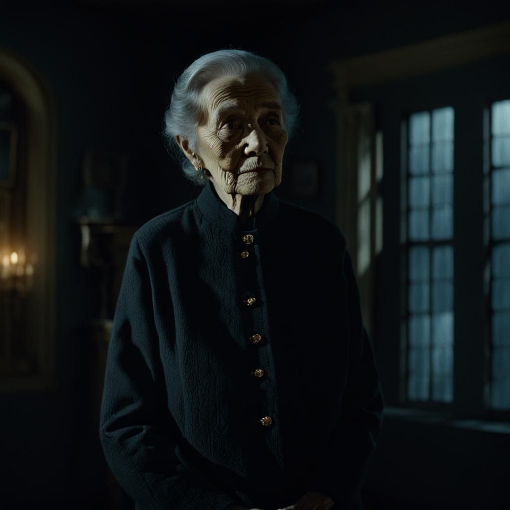 Elderly Woman in Moonlit Room: Cinematic Film Still