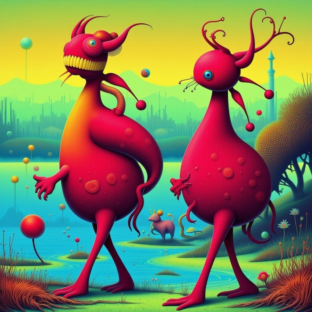 Squishy Creatures on Surreal Shoreline in Naivepunk Style