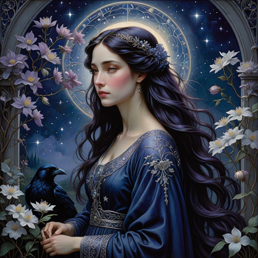 Moonlit Woman in Garden, Art Nouveau Style