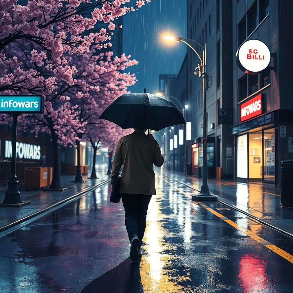 Wet City Street at Night with Cherry Blossoms