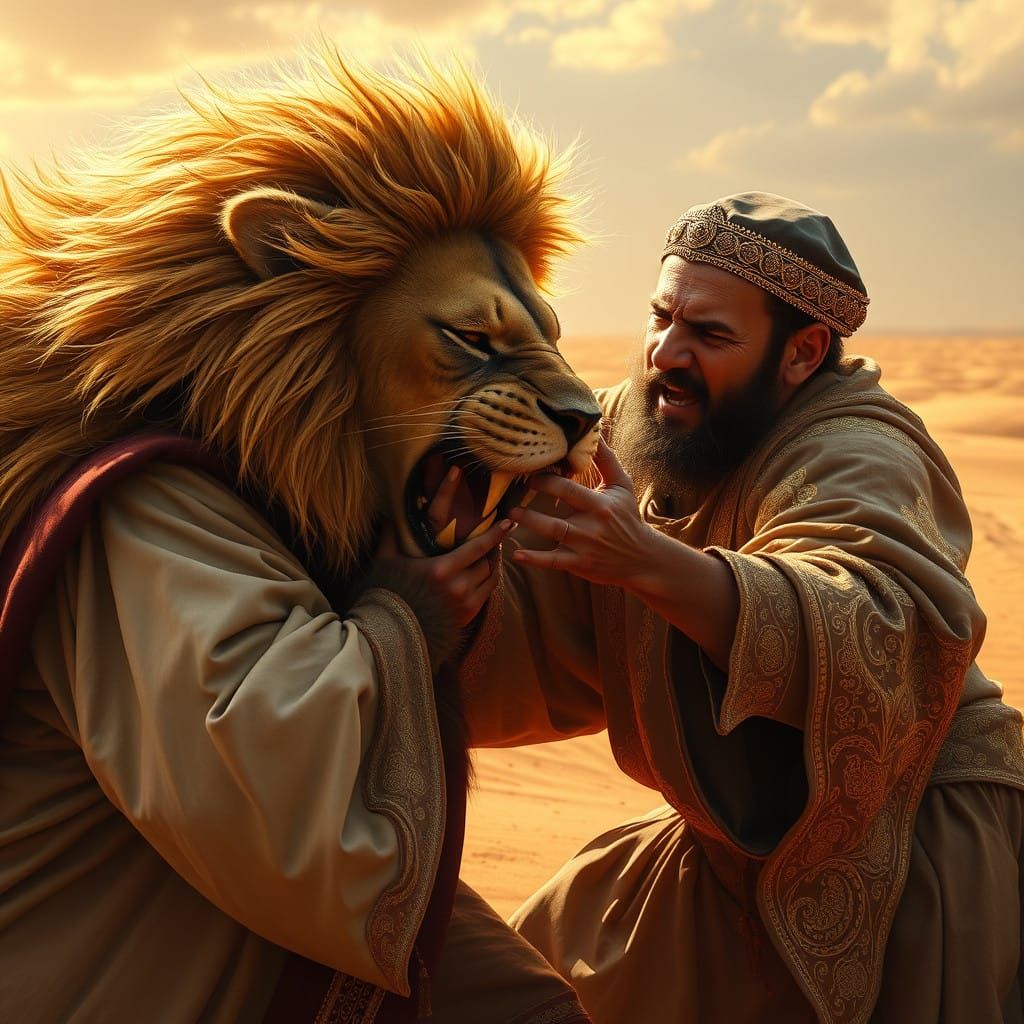 King Battles Lion in Scorching Desert, Traditional Kippah an...