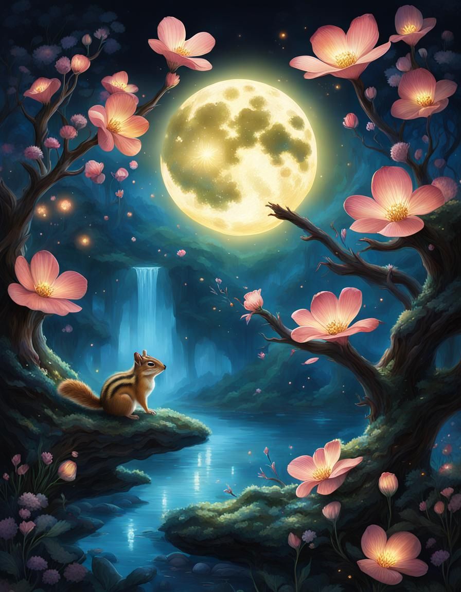 Chipmunk in Mystical Midnight Garden with Bioluminescent Blo...