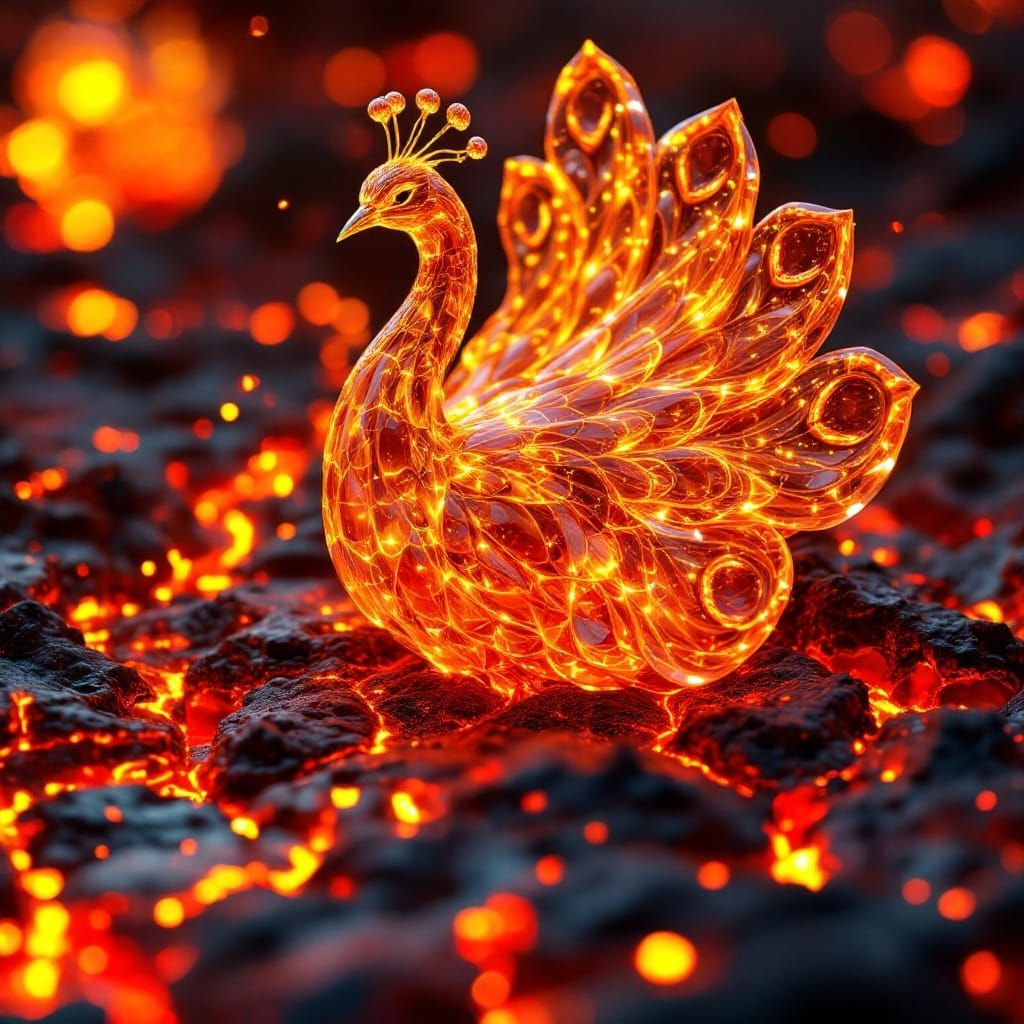 Glowing Lava Peacock Unfolds in Radiant, Iridescent Patterns