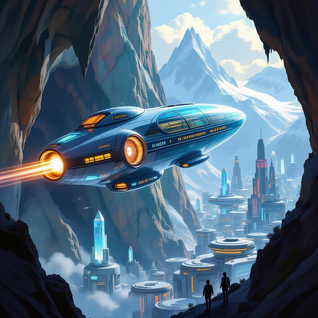 Glassy Spaceship Emerges Towards Futuristic City