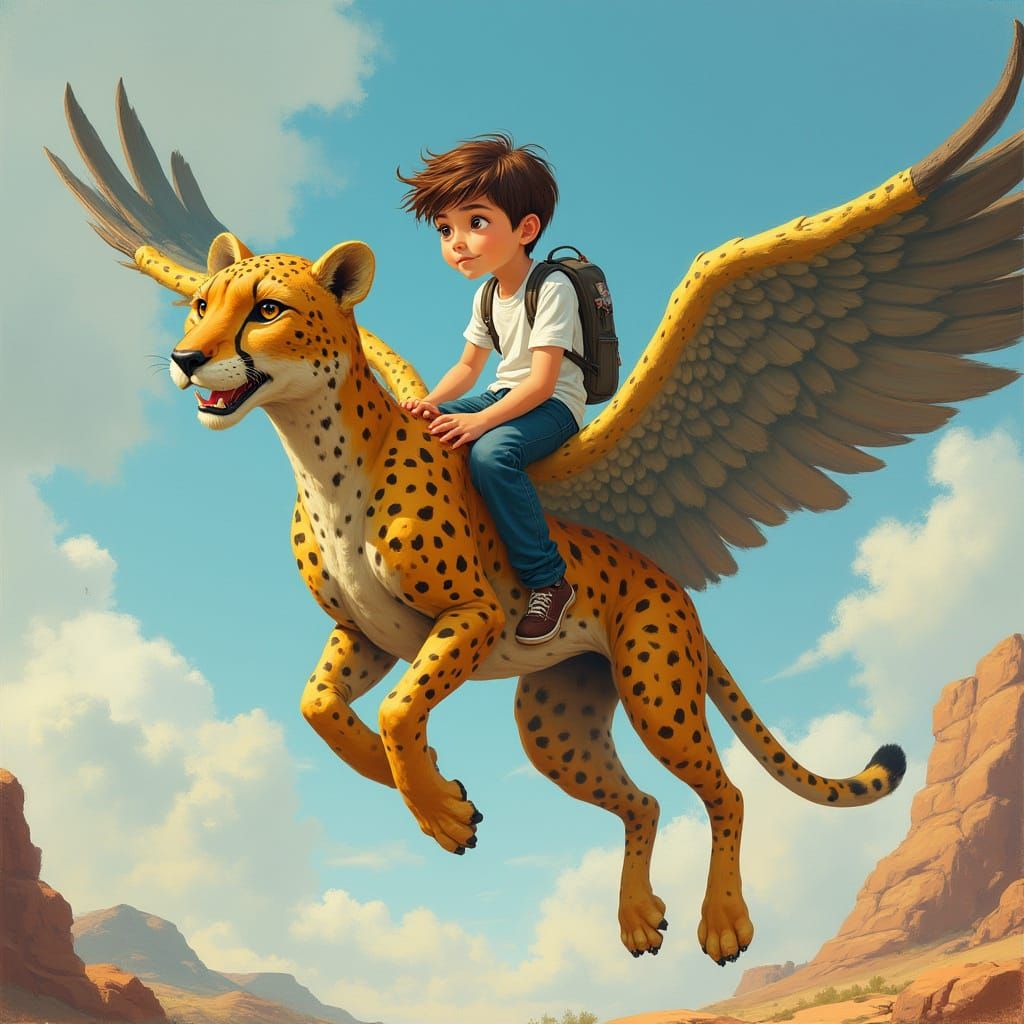 Boy Rides a Flying Stone Cheetah: Stylized Digital Art