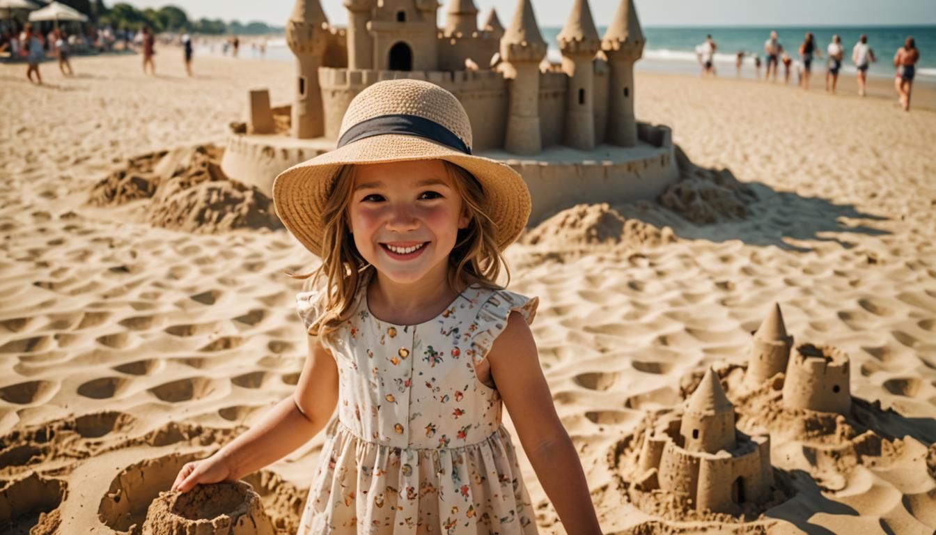 Little Girl Smiles Beside Beach Sandcastle