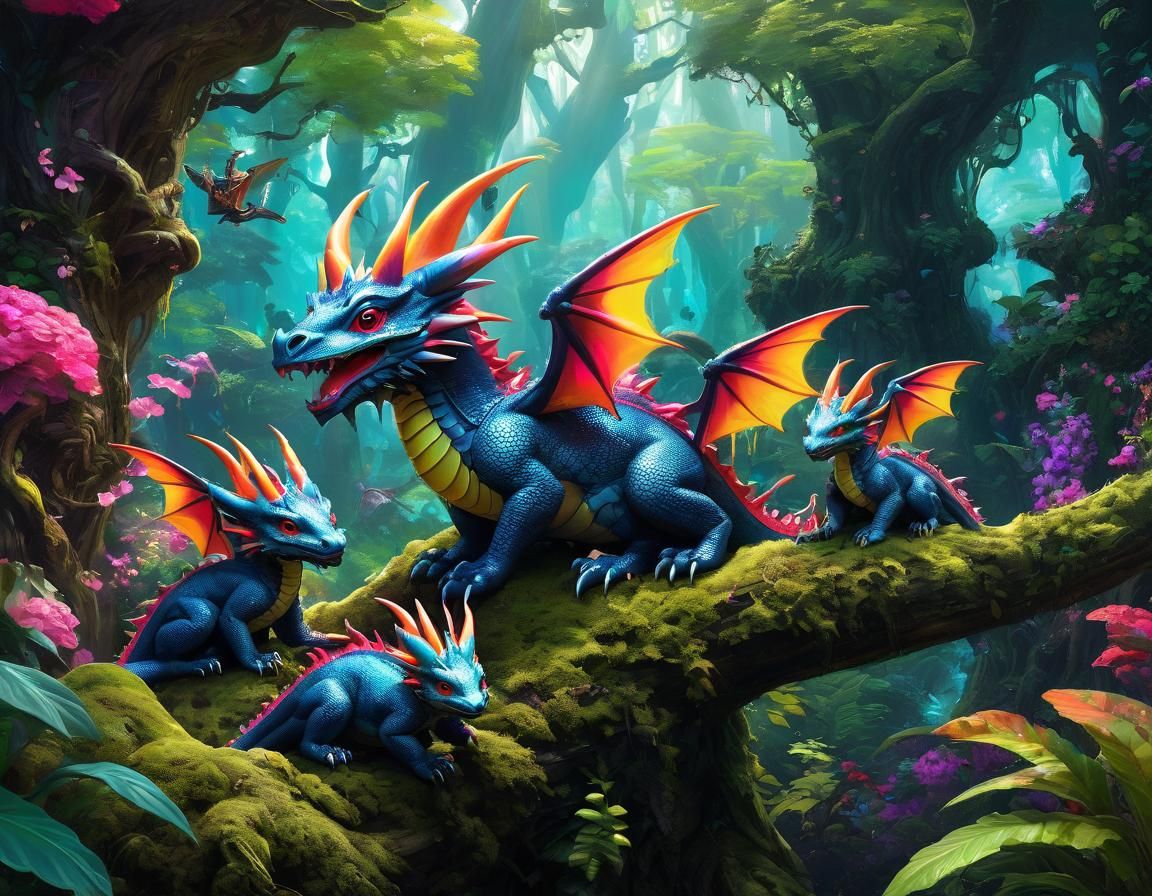Baby Dragons in a Whimsical Dark Fantasy Forest