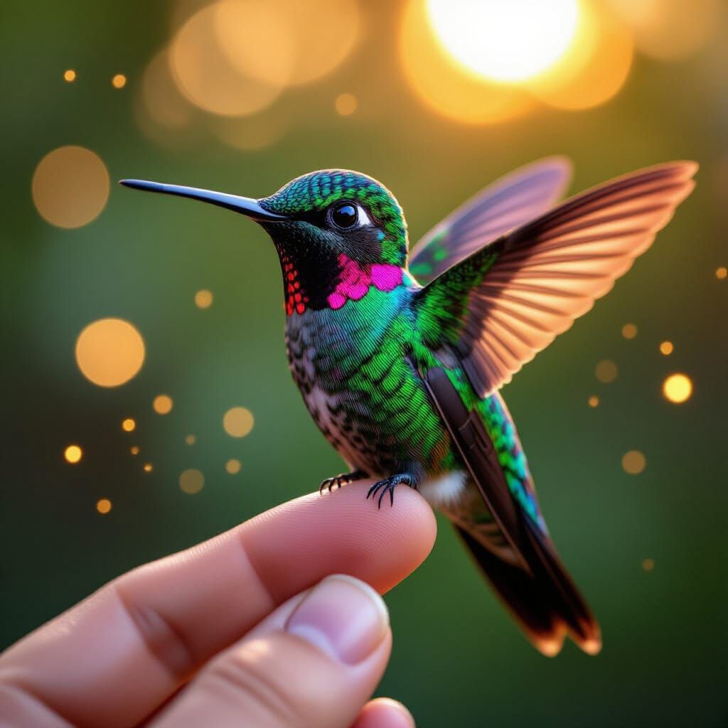 Pink Hummingbird with Iridescent Feathers on Fingertip
