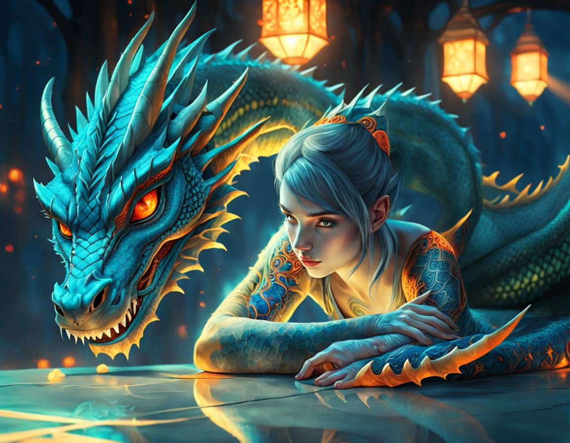 Tattooed Woman and Dragon in Fantasy Digital Art