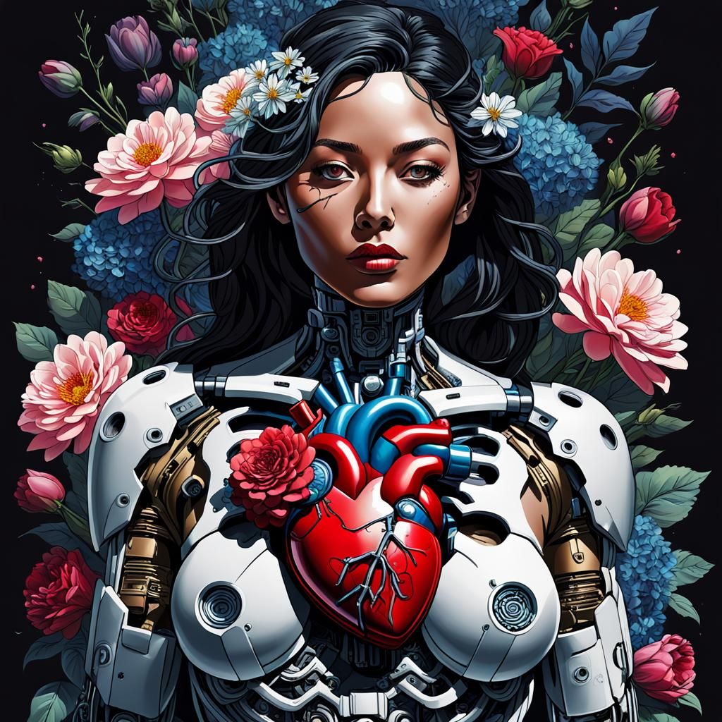 Cyborg Heart Surrounded by Flowers in Sci-Fi Style
