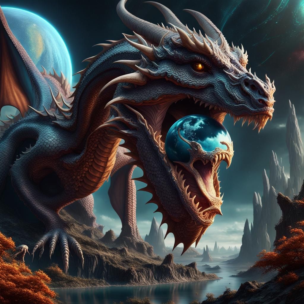 Cosmic Dragon Devouring Planet in Detailed Digital Art