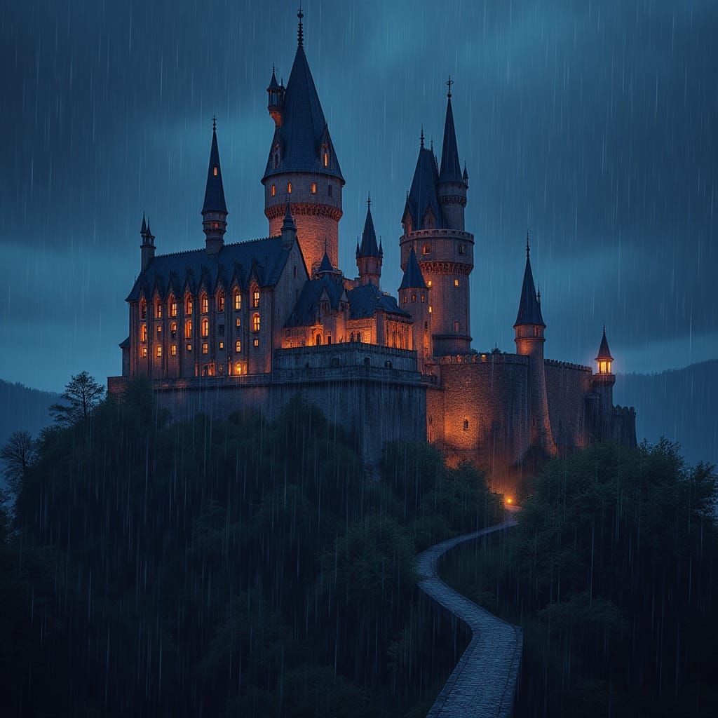 Majestic Gothic Castle Under Rainbow Rain at Night