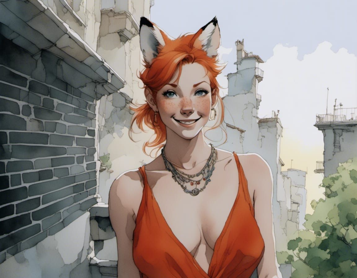 Fox-girl VIXEN wearing a very revealing party dress.