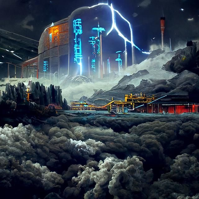 Futuristic Cybernetic Factory Landscape with Lightning