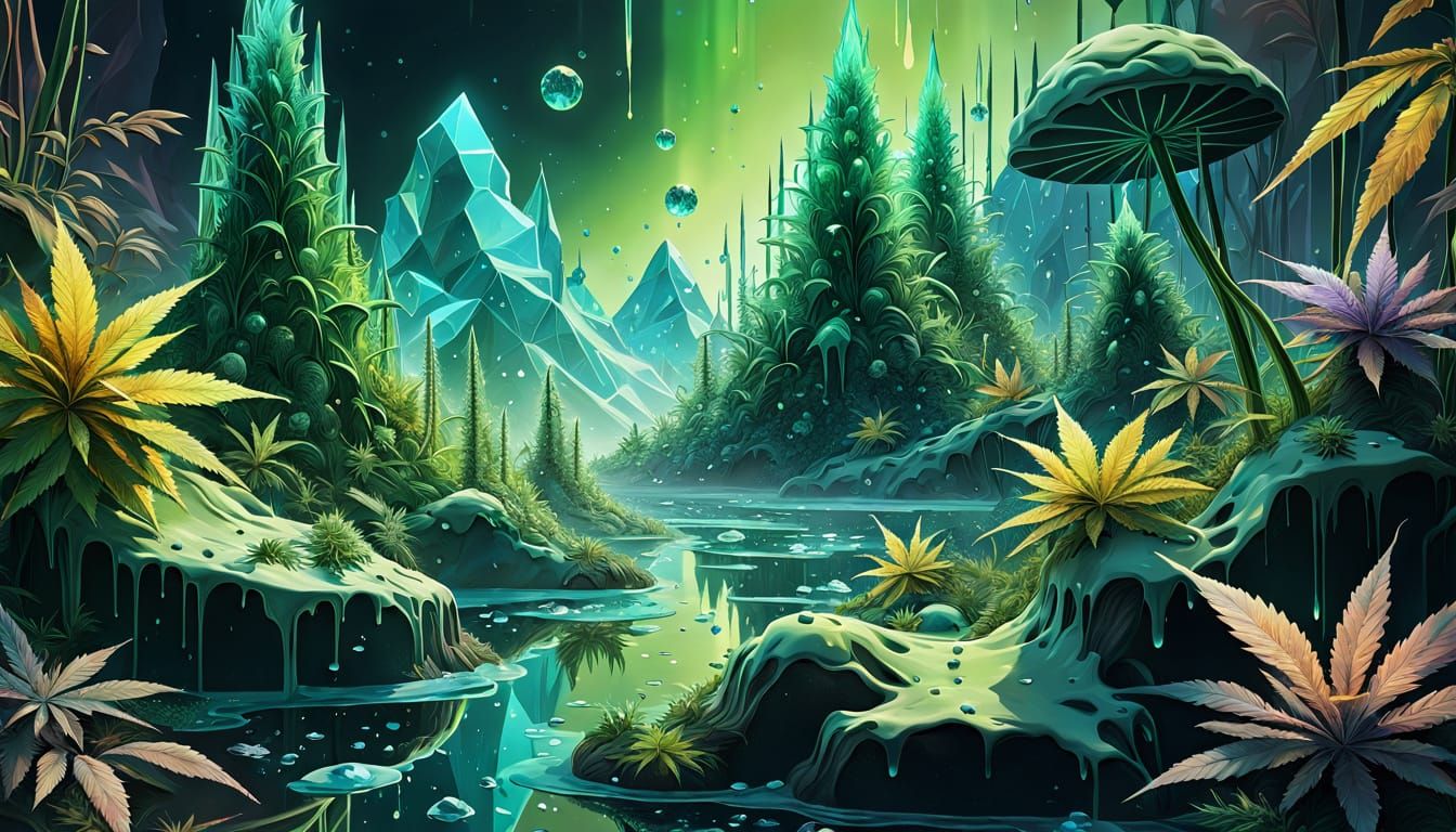 Surreal Landscape with Melting Cannabis Crystal Planet