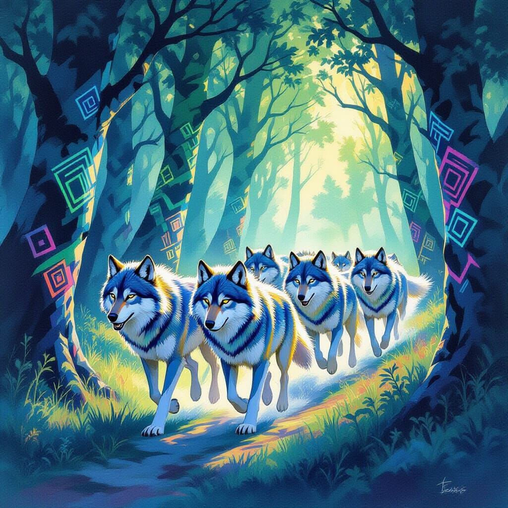 Iridescent Wolves in Mystical Forest