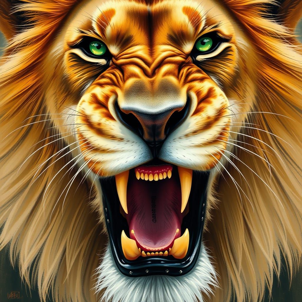 Majestic Lion Roars with Emerald Eyes