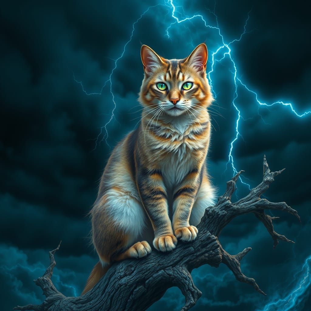 Regal Cat Sits Majestically on Twisted Branch in a Turbulent...