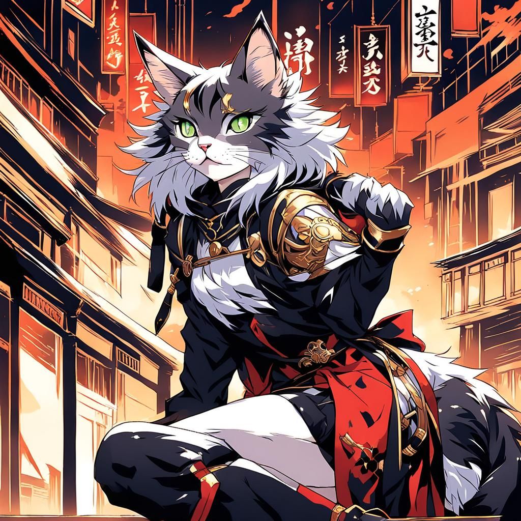 Anime Cat Girl Warrior in 90s Style