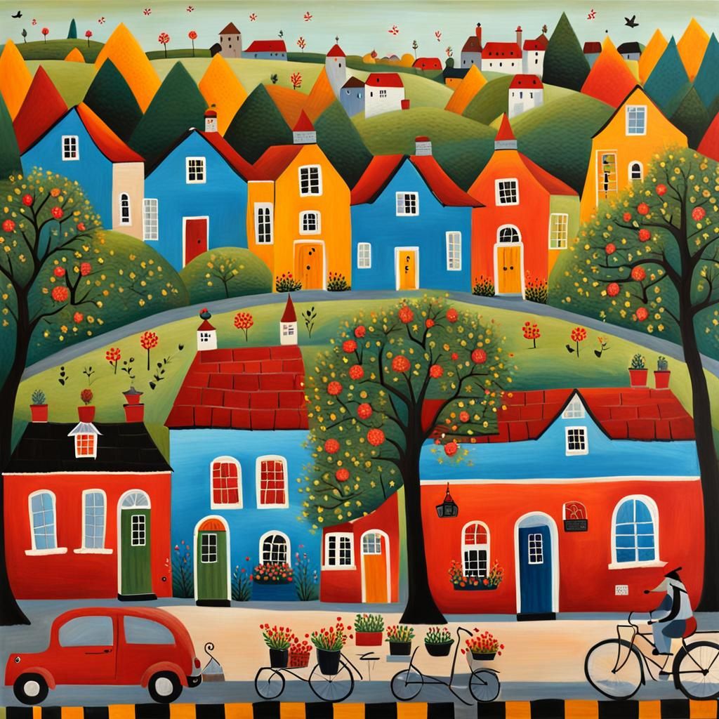 Village in Bright Naive Art Style