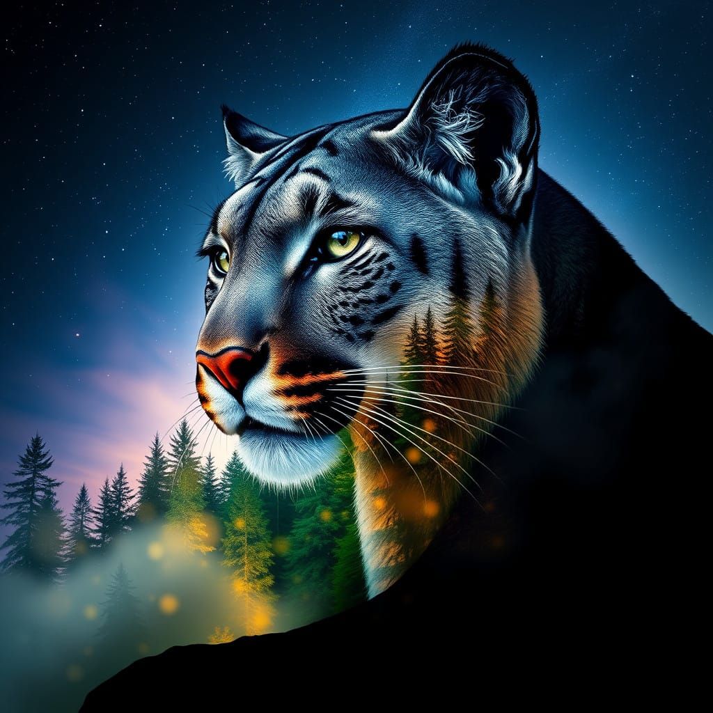 Mountain Lion in Glowing Forest, Double Exposure Art