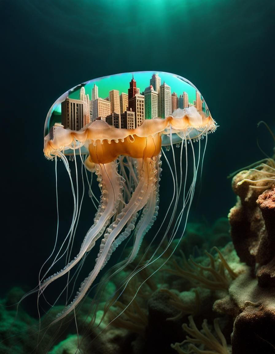 Art Deco City Inside Jellyfish in Hyperrealistic Style
