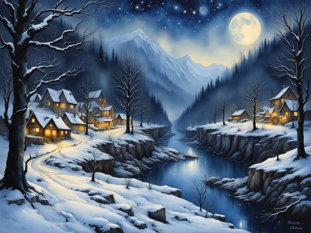 Winter Village and Forest by Moonlight in Watercolor