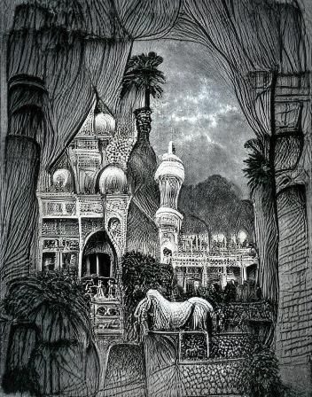 Arabian Palace at Twilight: Pen and Ink Illustration