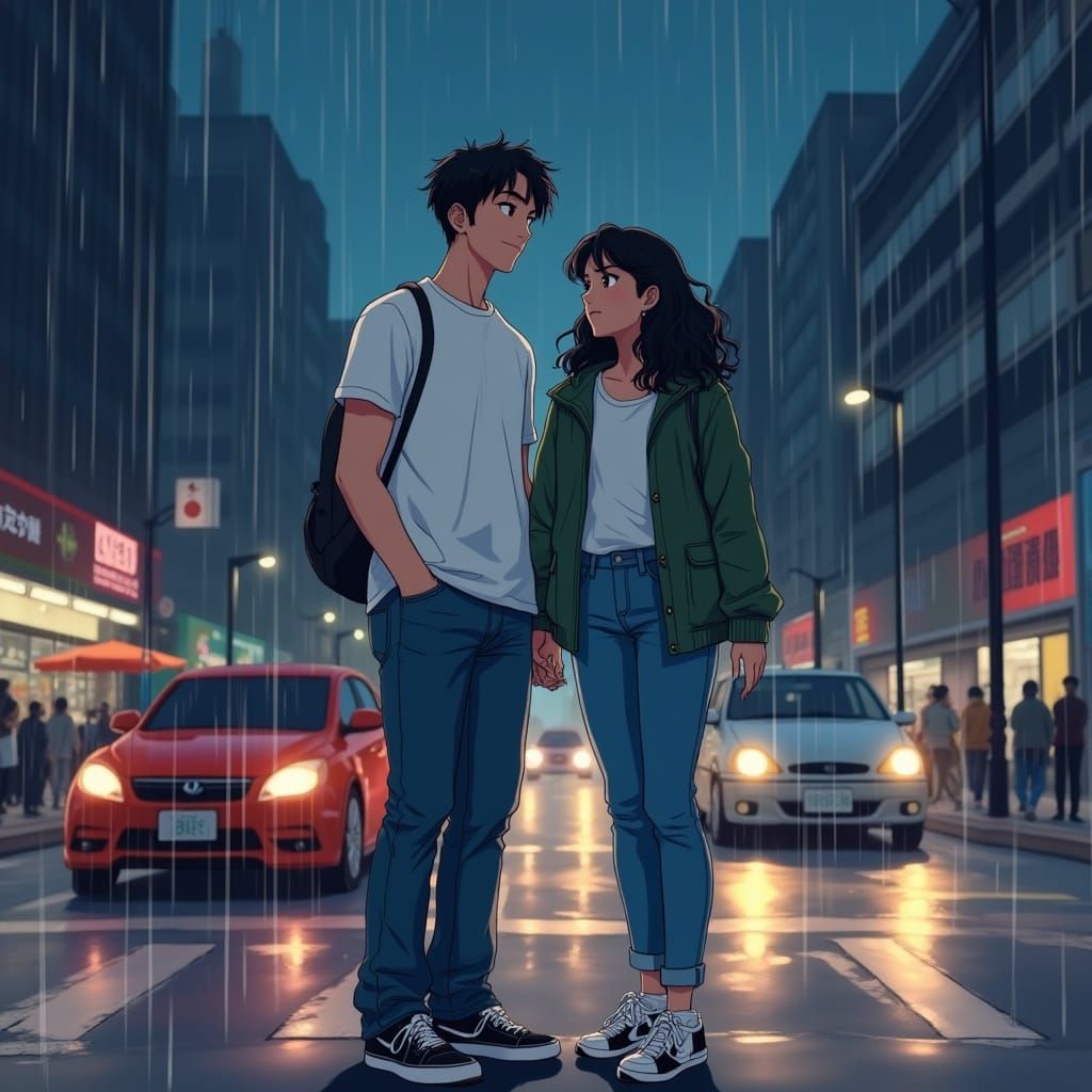 Couple Under Neon City Lights