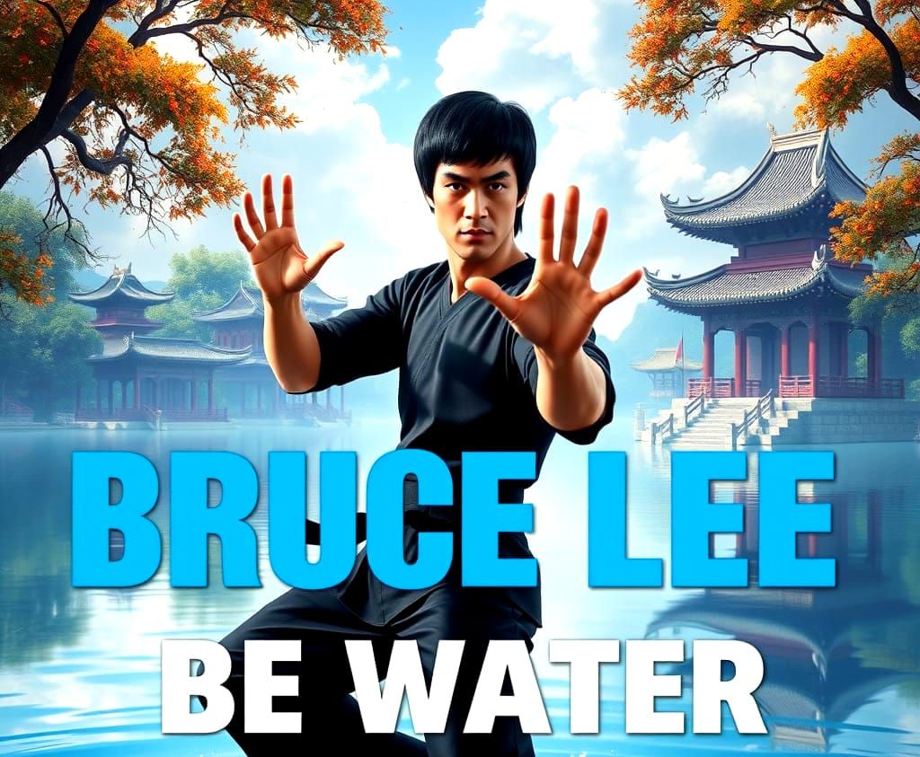 Bruce Lee as Water, Serene Lake and Temple Background, Pixar...