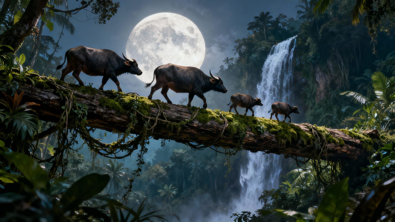 Water Buffalo Cross Jungle Bridge Under Full Moon