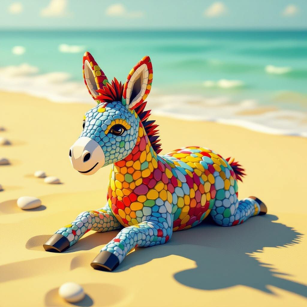 Donkey Made of Colorful Stones on Beach