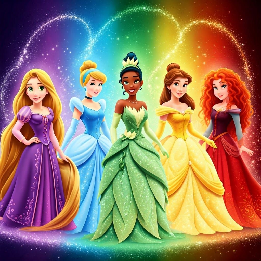 Disney Princesses in Vibrant Rainbow Gowns