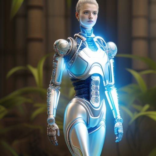 Friendly Robot Walks Through Flower Garden