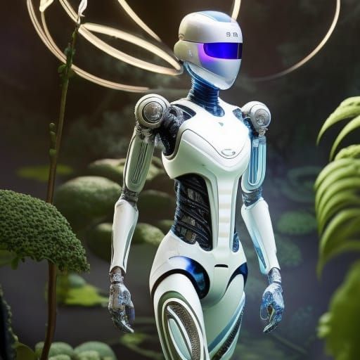 Friendly Titanium Robot Walks Through Flower Garden