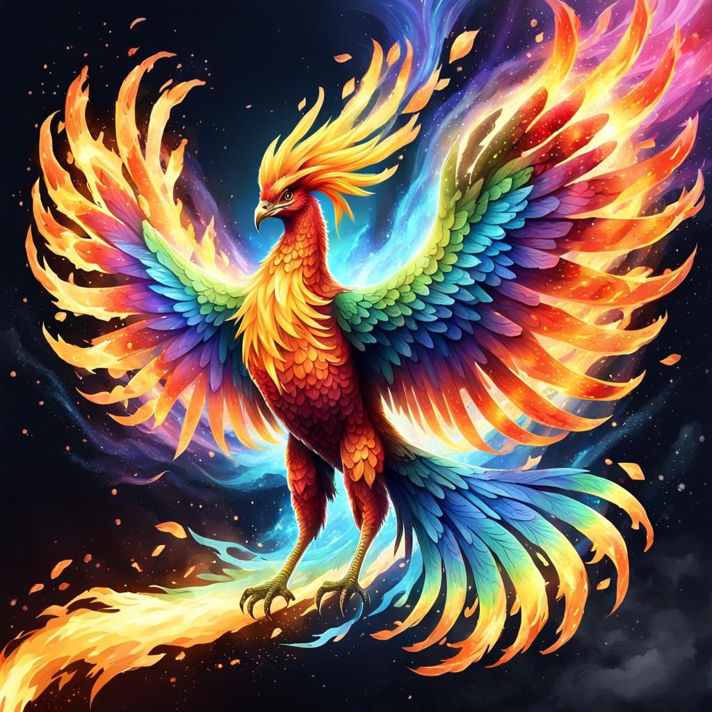 Rainbow Phoenix Rising from Ashes