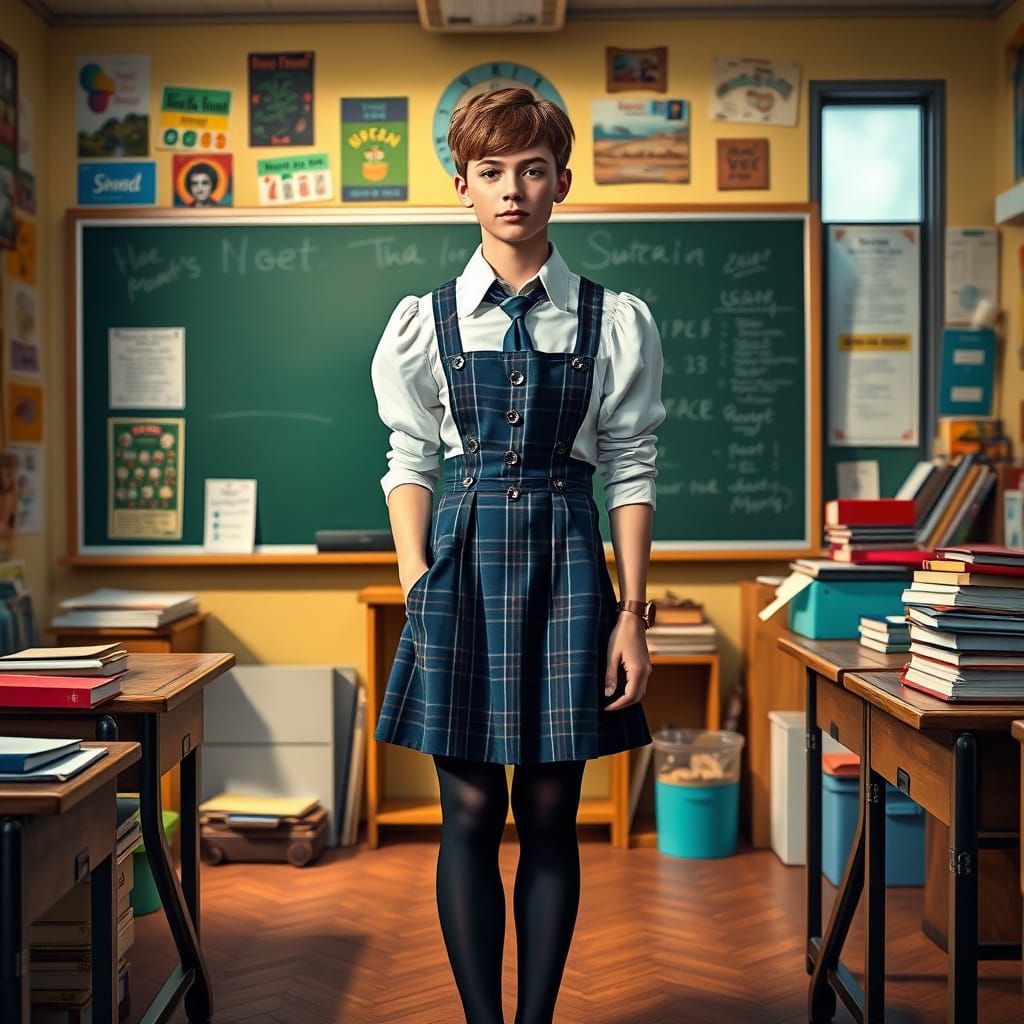 Confident Young Man Wears Schoolgirl Uniform in a Vibrant Cl...
