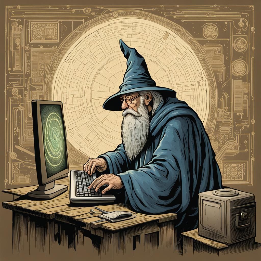 Aged Wizard Conjuring Portals on Computer