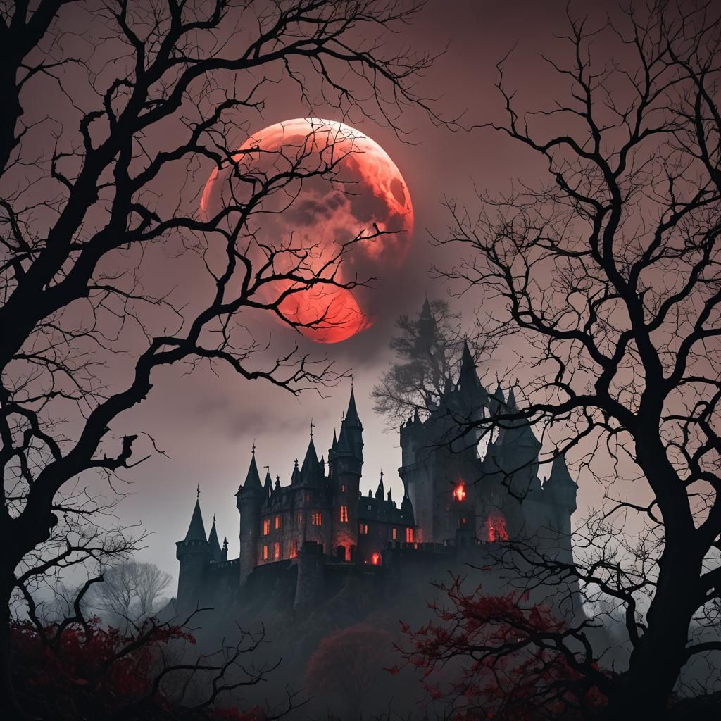 Eerie Blood Moonlit Castle in Dark Fantasy Photo