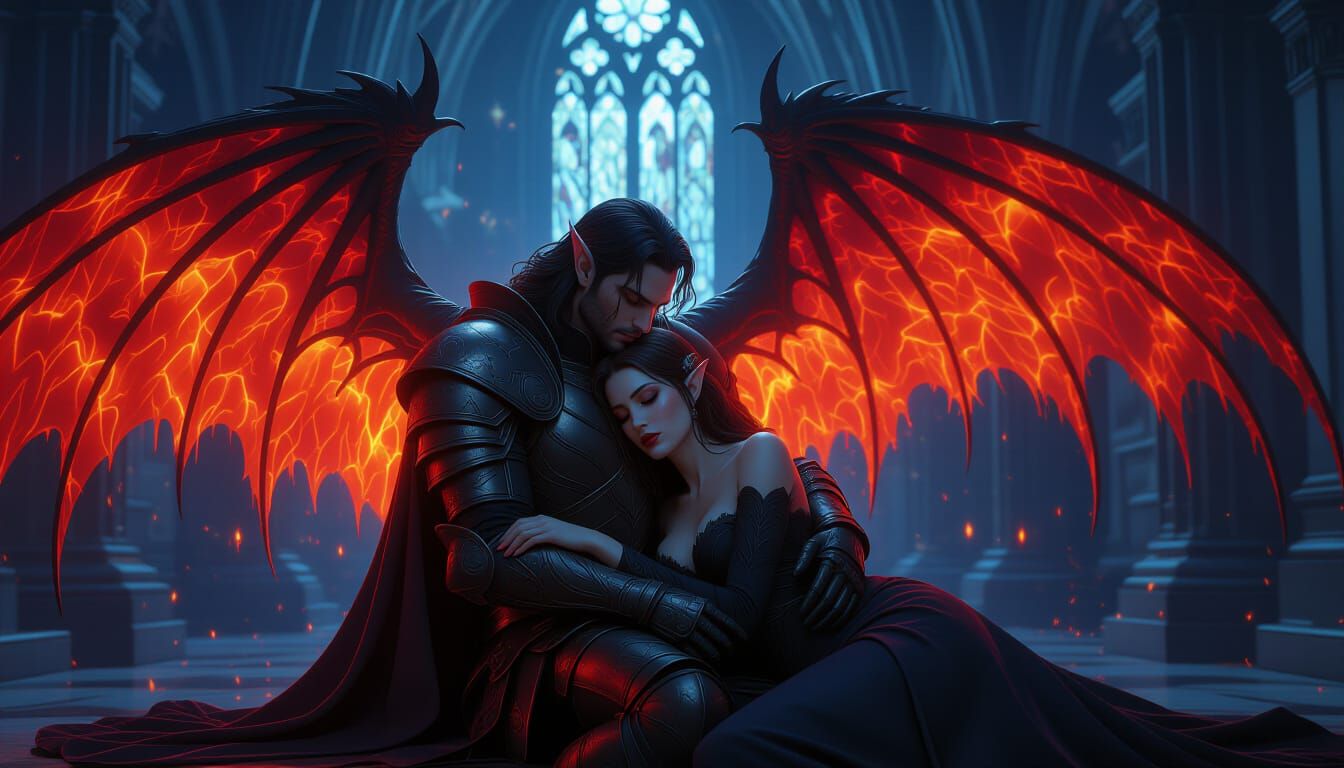 Winged Fire Genasi Prince Guards Sleeping Vampiress