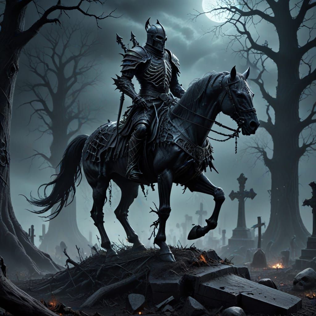 Spectral Knight on Skeletal Steed in Haunted Graveyard