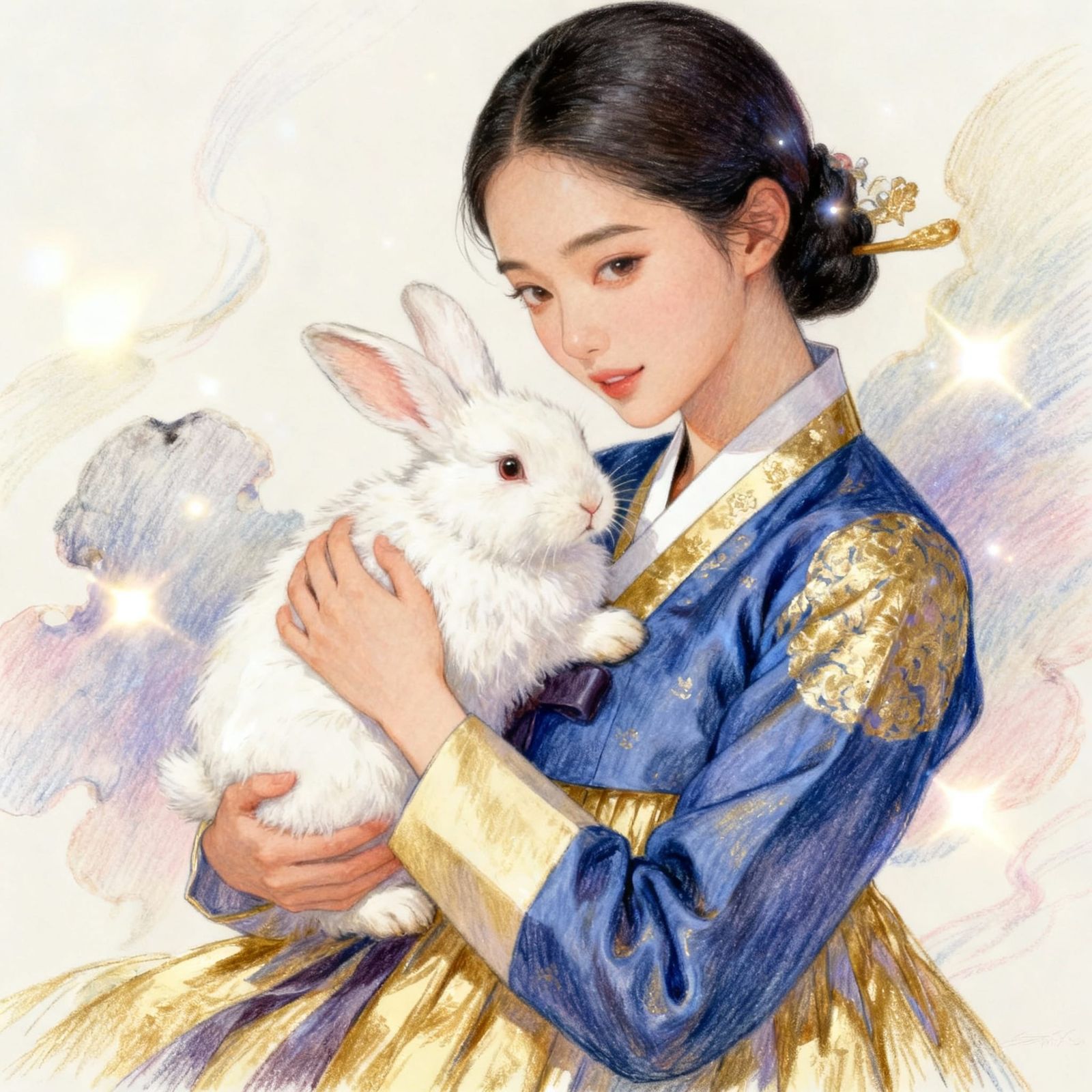 Korean Woman in Hanbok Cradling Rabbit - Manhwa Style