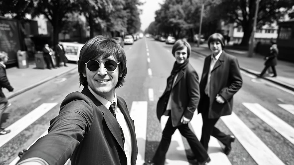 The Beatles Selfie at Abbey Road in Film Noir Style