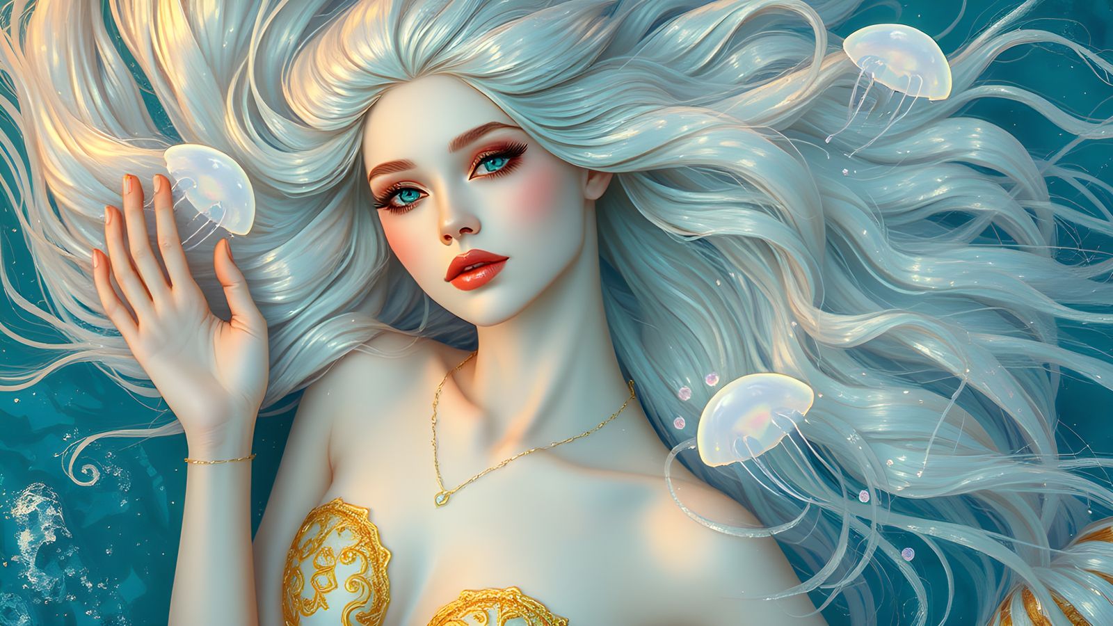 Celestial Mermaid Emerging from Enchanted Ocean in Iridescen...