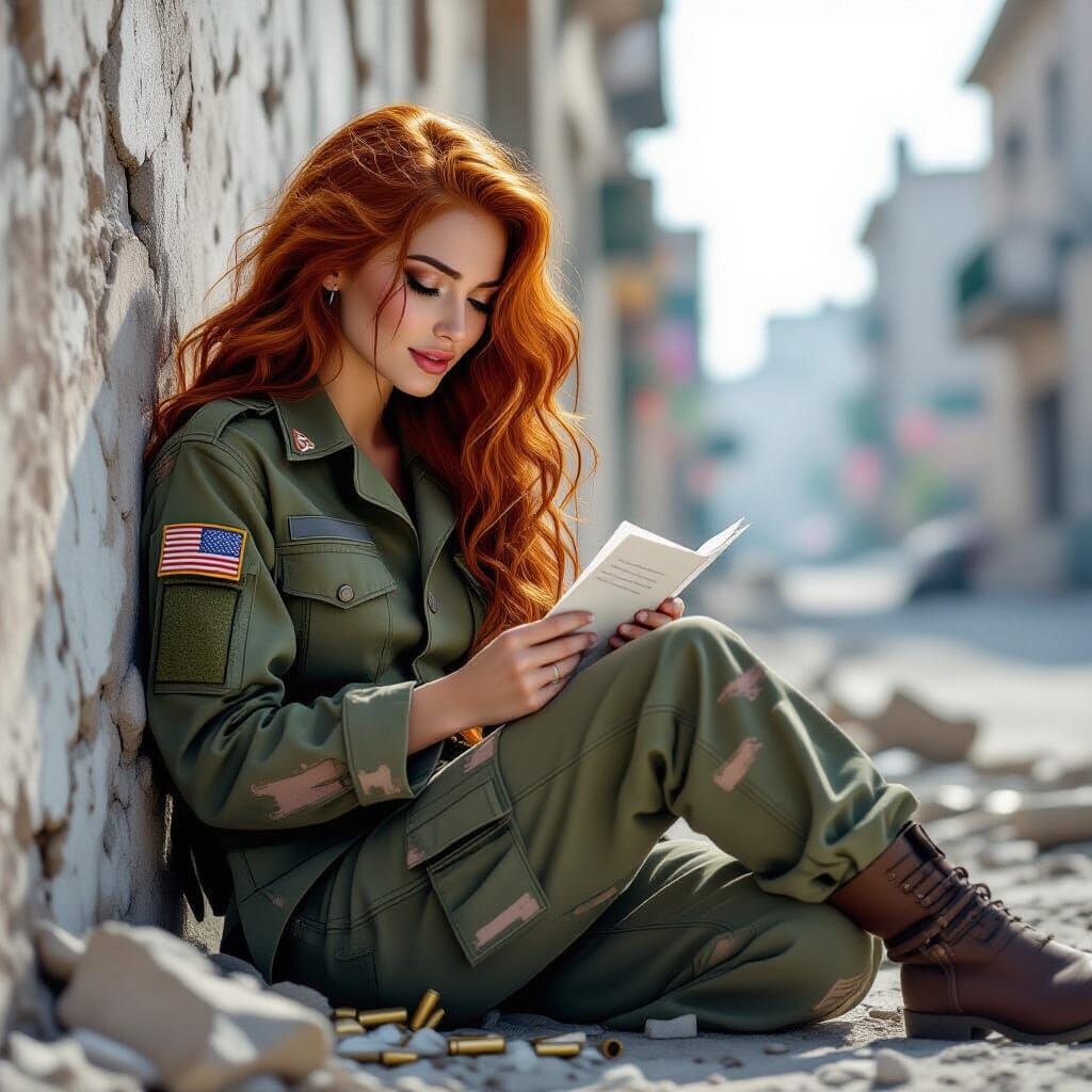 Elegant Soldier Reads Letter in Dystopian Warscape