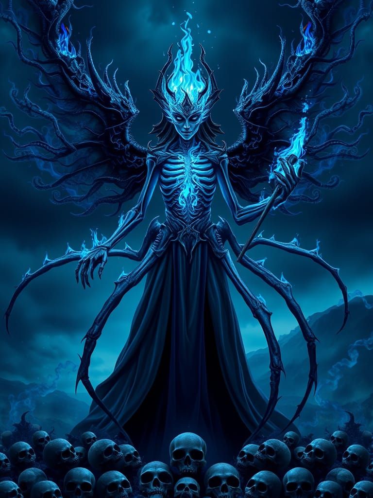 Menacing Figure Commanding Skulls in Stormy Landscape