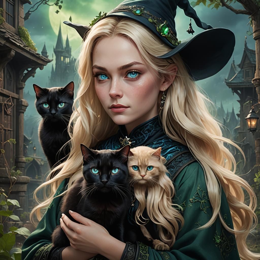 Blonde Witch and Siamese Cat Fantasy Art