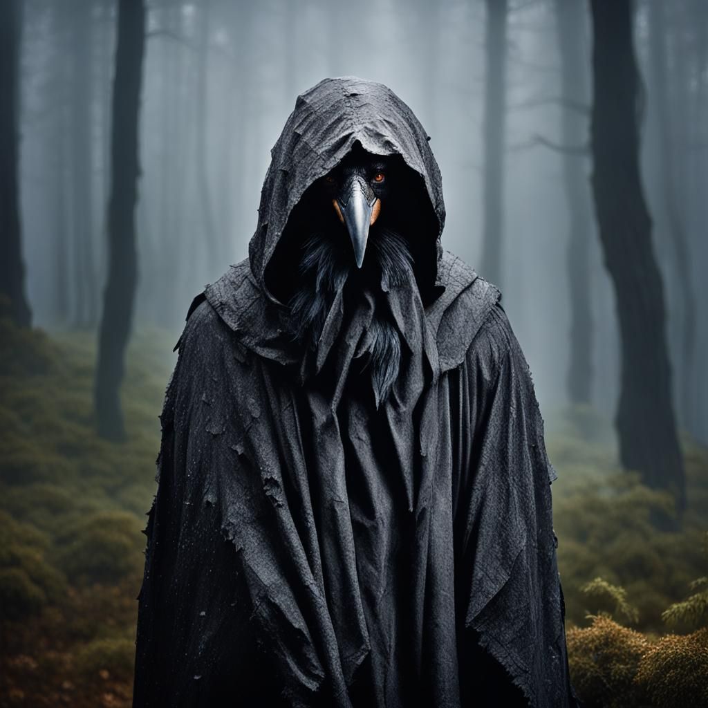 Hooded Raven in Misty Forest: Dark Fantasy Portrait