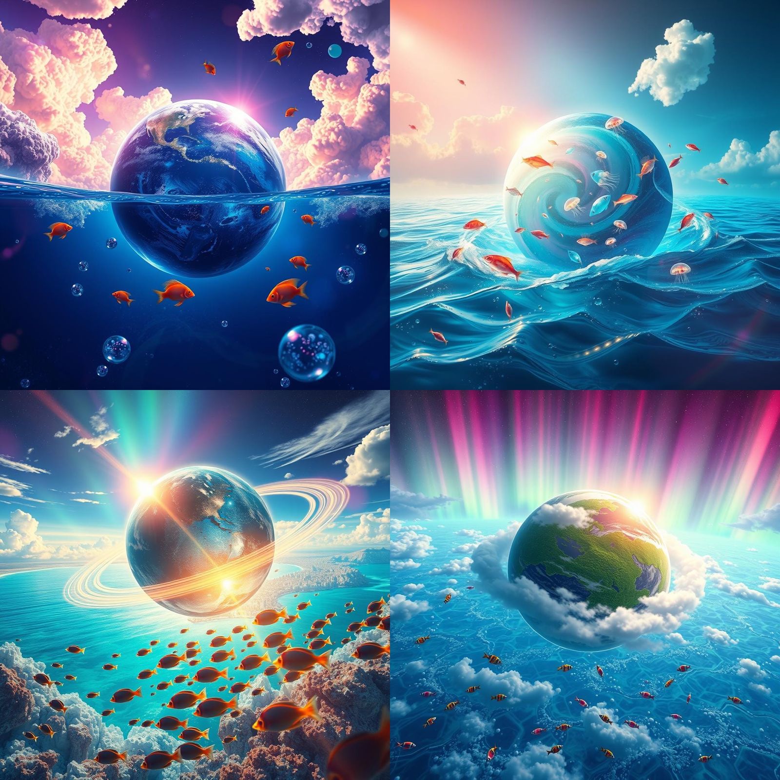Ocean Planet with Tropical Fish and Auroras